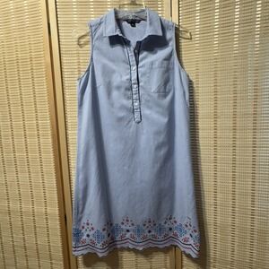 Tommy Bahama Dress Preppy Med Blue Sleeveless Collared Dress Embroidered Cotton